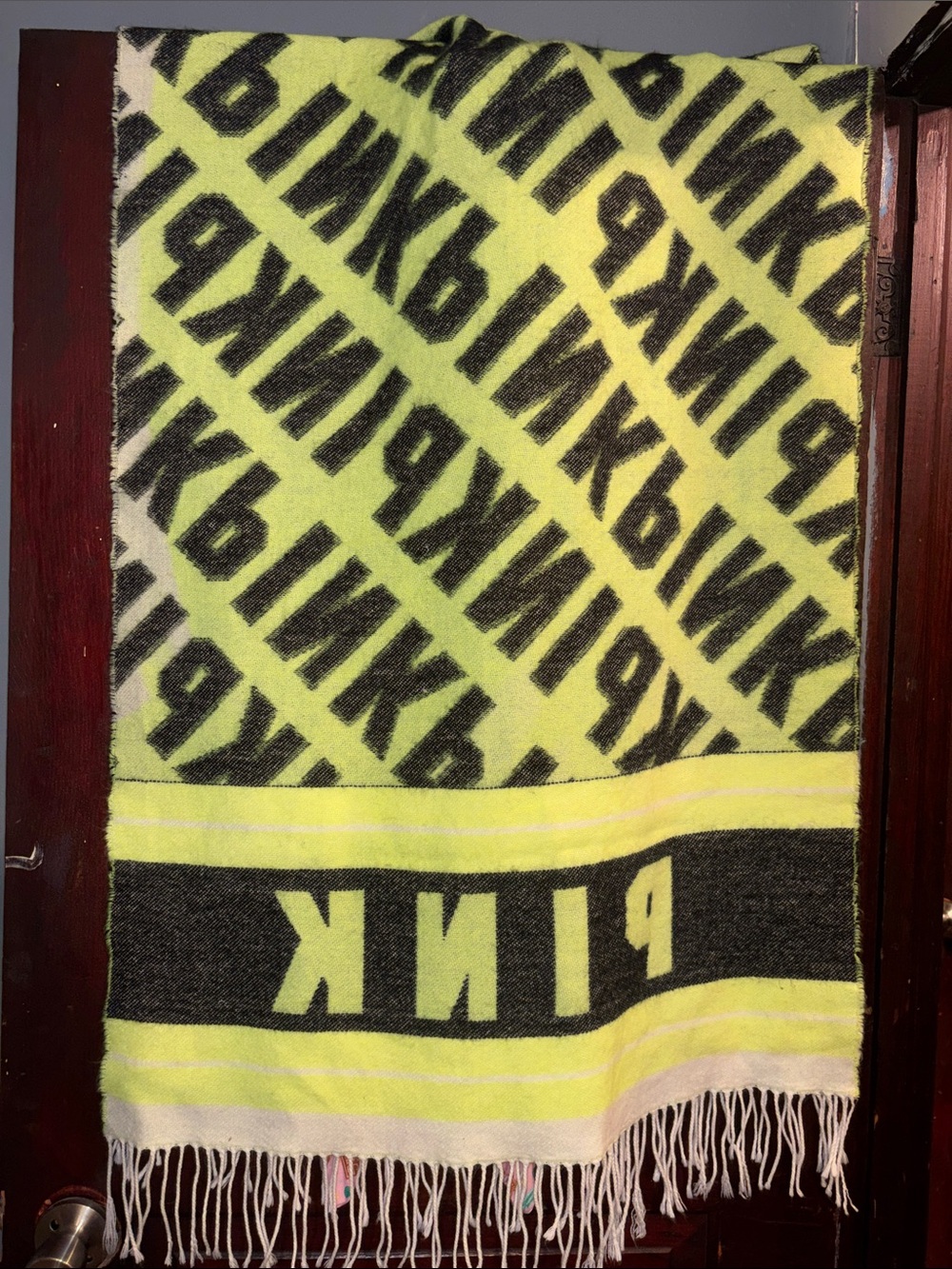 PINK Victoria's Secret Neon Yellow and Black Logo Fringe Throw